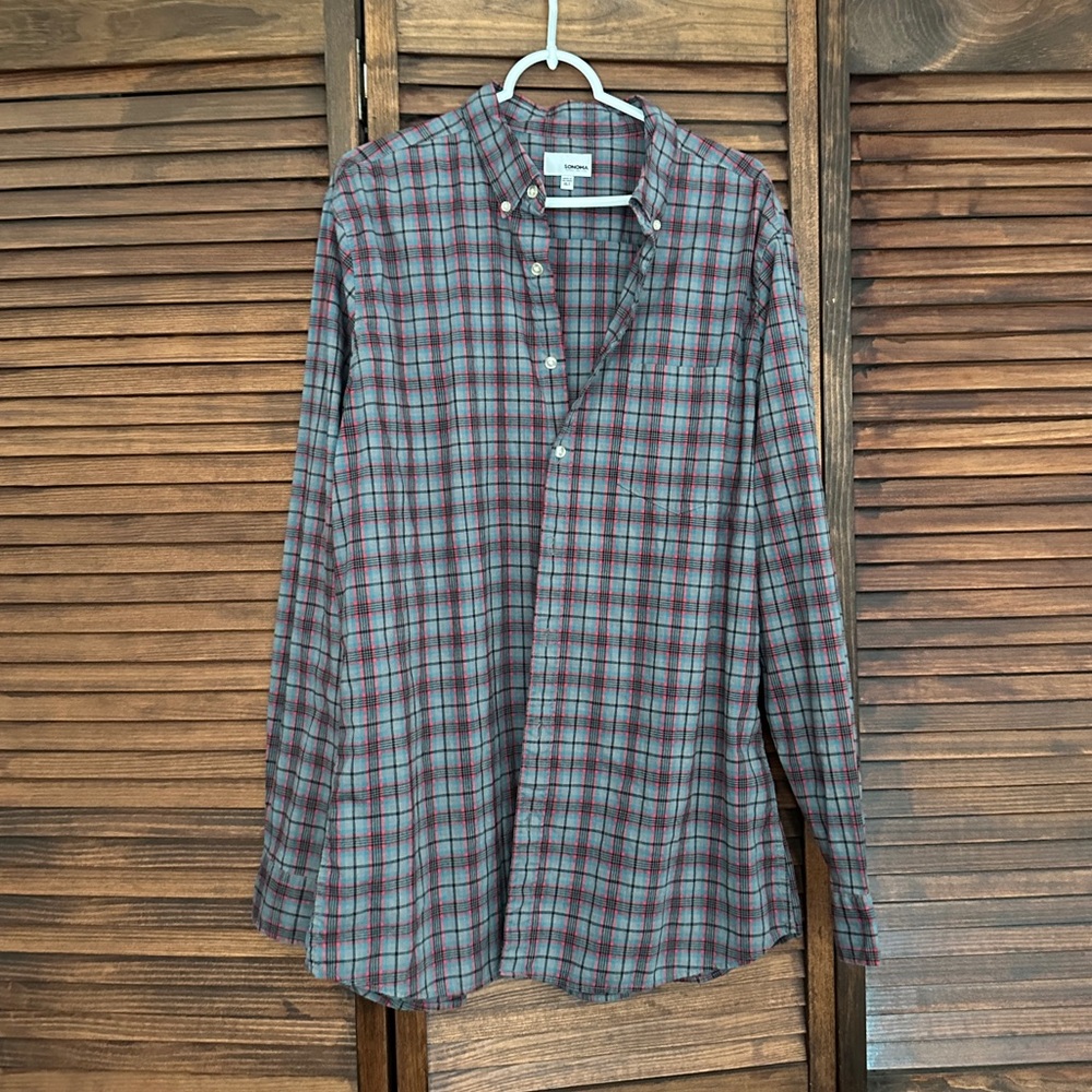 Sonoma Men's Tall Gray Plaid Button-Down Shirt